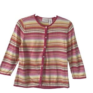 Liz Claiborne Rainbow Striped Cardigan‎ Sweater M Petite 3/4 Sleeve Pink White